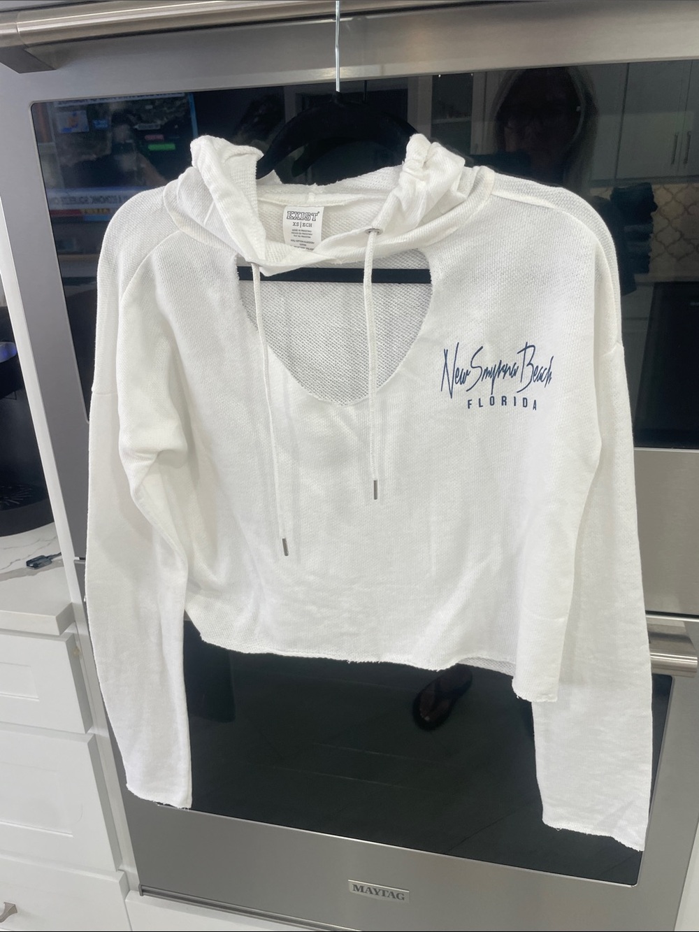 White Cropped Hoodie with New Smyrna Beach Script - Women's Pullover